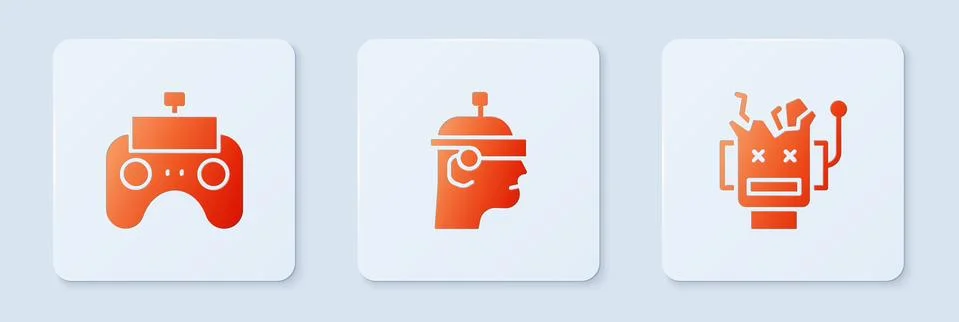 Set Smart glasses, Remote control and Broken robot. White square button. Vector イラスト素材