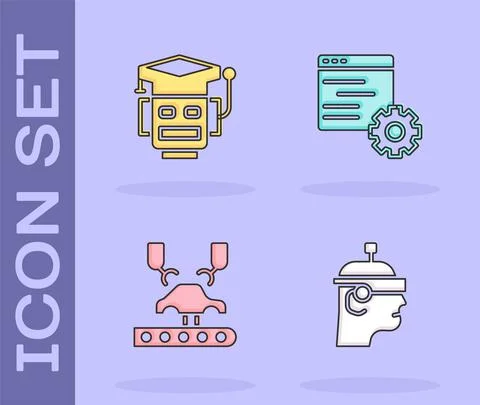 Set Smart glasses, Robot, Robotic robot arm on factory and Computer api Stock Illustration