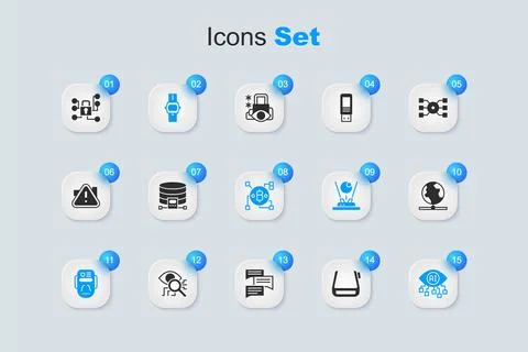 Set Smart glasses on spectacles, Cloud database, Wrist watch, Artificial in.. Stock Illustration