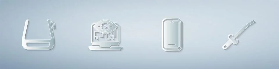 Set Smart glasses on spectacles, Computer vision, Mobile phone and Katana. Paper Illustrazione stock