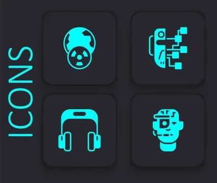 Set Smart glasses on spectacles, Planet earth and radiation, Humanoid robot and Stock Illustration