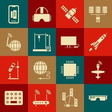 Set Smart glasses, UAV Drone, Rocket ship with fire, Satellite, 3D printer Stock Illustration