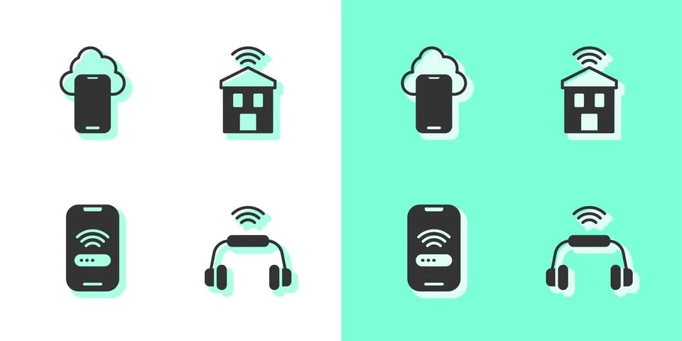 Set Smart headphones system, Cloud technology data, Mobile with wi-fi wireless Illustrazione stock
