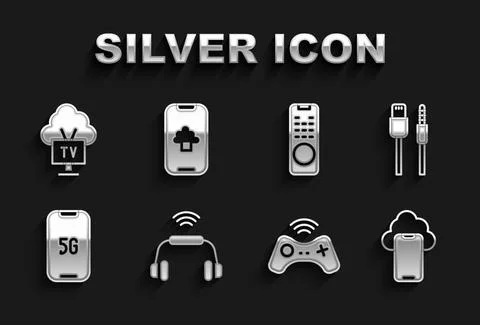 Set Smart headphones system, USB cable cord, Cloud technology data, Wireless Illustrazione stock
