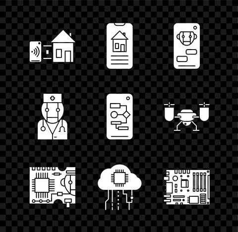 Set Smart home, Bot, Printed circuit board PCB, Internet of things, Electronic 库存插图