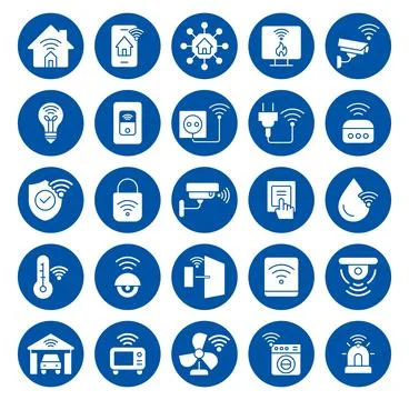 Set of Smart Home Icons Featuring Wireless Technology and Security Features Stock Illustration