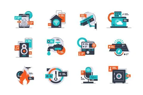 Set smart home icons using remote control system. Ilustración de archivo