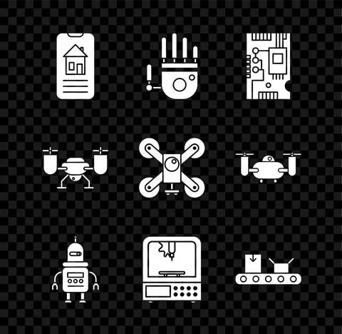 Set Smart home, Mechanical robot hand, Electronic computer components Stock Illustration