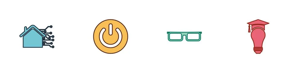 Set Smart home, Power button, Glasses and Light bulb and graduation cap icon Stock Illustration