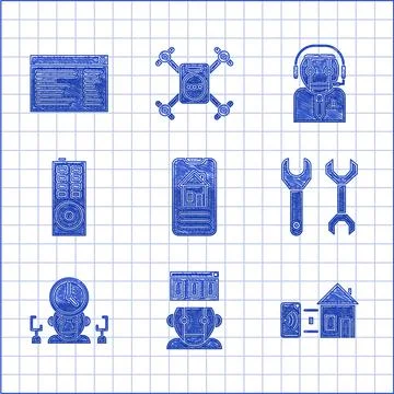 Set Smart home, Robot, Spanner, and digital time manager, Remote control, Worker Stock Illustration