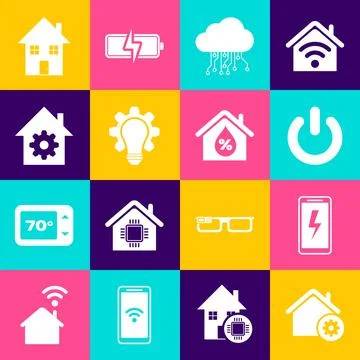 Set Smart home settings, Mobile charging battery, Power button, Internet of Stock Illustration