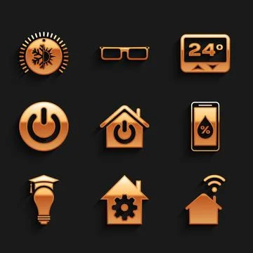 Set Smart home, settings, with wi-fi, Humidity for smart, Light bulb and Stock Illustration