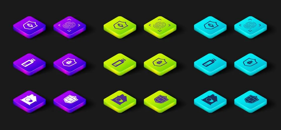 Set Smart home, Shield with brick wall, USB flash drive, System bug, Fingerpr 스톡 일러스트