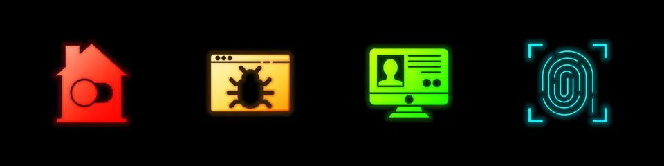 Set Smart home, System bug, Create account screen and Fingerprint icon. Vector Stockillustratie