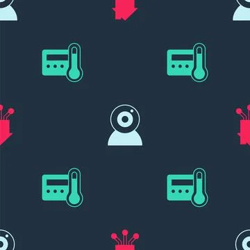 Set Smart home, Web camera and Thermostat on seamless pattern. Vector Stock Illustration