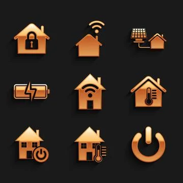 Set Smart home with wi-fi, House temperature, Power button, Battery, solar panel Ilustração Stock