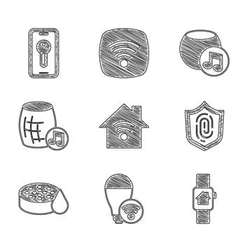 Set Smart home with wi-fi, light bulb, smart watch, Fingerprint, Water sensor Stock Illustration
