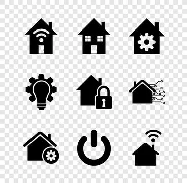 Set Smart home with wi-fi, House, settings, Power button, Light bulb and gear Stock Illustration