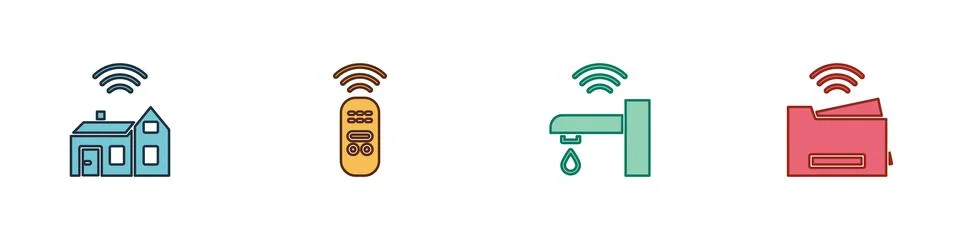 Set Smart home with wireless, remote control, water tap and printer icon. Vector Stock Illustration