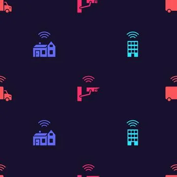 Set Smart home with wireless, , security camera and truck on seamless pattern Illustrazione stock