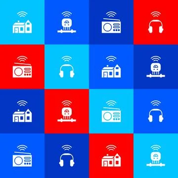 Set Smart home with wireless, sensor, radio and headphones icon. Vector Illustrazione stock