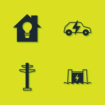 Set Smart house and light bulb, Hydroelectric dam, Electric tower and car icon Stock Illustration