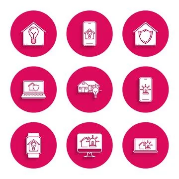 Set Smart house and light bulb, Computer monitor with smart alarm, Laptop, .. Stock Illustration