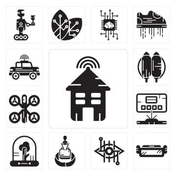 Set of Smart house, Ar glasses, Bionic contact lens, Hologram, Tree, Drone, J Free Stock Illustration