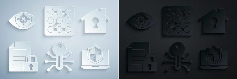 Set Smart key, House under protection, Document and lock, Laptop protected with Illustrazione stock