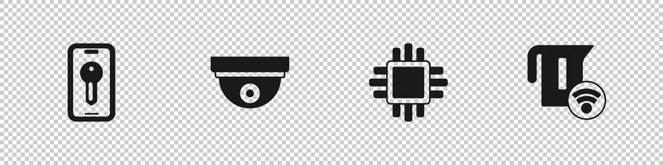 Set Smart key, Motion sensor, Processor with CPU and electric kettle icon Stockillustratie