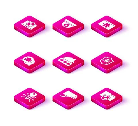 Set Smart key, Security camera, System bug, House with password, Document folder Stock Illustration