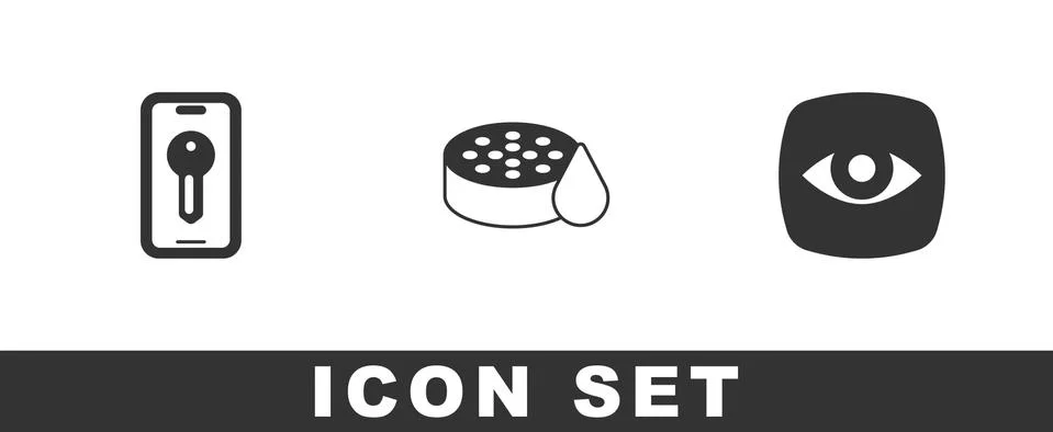 Set Smart key, Water sensor and Security camera icon. Vector Illustrazione stock