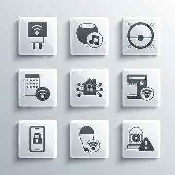 Set Smart light bulb, Ringing alarm bell, coffee machine, home, Digital door Stock Illustration