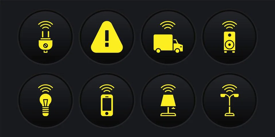 Set Smart light bulb, stereo speaker, Wireless smartphone, table lamp, truck Stock Illustration