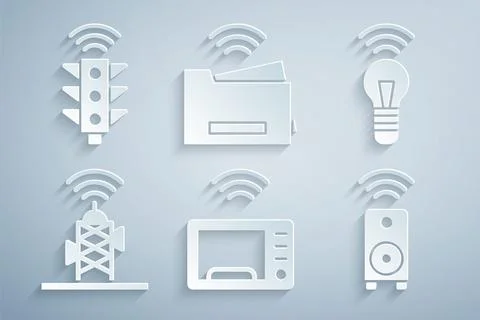 Set Smart microwave oven, light bulb, Wireless antenna, stereo speaker, printer Illustrazione stock