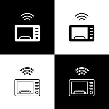Set Smart microwave oven system icon isolated on black and white background Stock Illustration