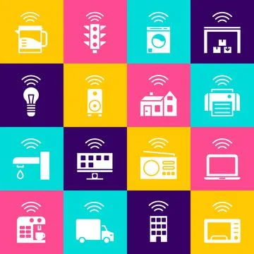 Set Smart microwave oven, Wireless laptop, printer, washer, stereo speaker Stock Illustration