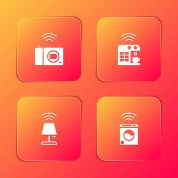 Set Smart photo camera, coffee machine, table lamp and washer icon. Vector Stock Illustration