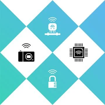 Set Smart photo camera, safe combination lock, sensor and Processor with Illustrazione stock