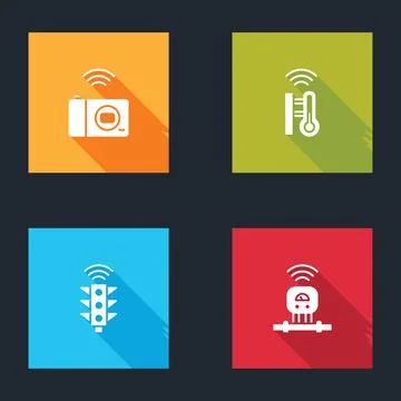 Set Smart photo camera, thermometer, traffic light and sensor icon. Vector Stockillustratie