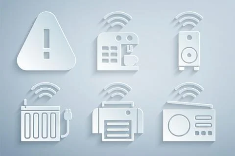 Set Smart printer, stereo speaker, heating radiator, radio, coffee machine .. Illustrazione stock