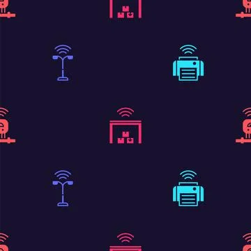 Set Smart printer, street light, warehouse and sensor on seamless pattern Stock Illustration