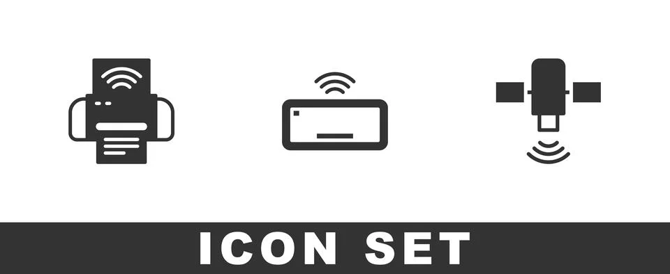 Set Smart printer system, Computer keyboard and Satellite icon. Vector Stock Illustration