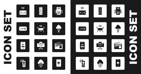 Set Smart printer system, drone, 5G wireless internet, Mail and e-mail, Net.. Ilustração Stock