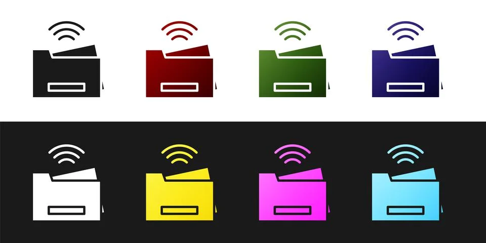 Set Smart printer system icon isolated on black and white background. Internet Illustrazione stock
