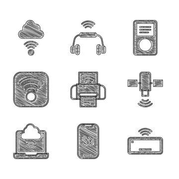 Set Smart printer system, Mobile with 5G, Computer keyboard, Satellite, Network Stock Illustration