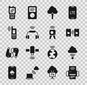 Set Smart printer system Network cloud connection Data transfer and storage C Stock Illustration