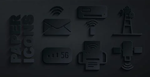 Set Smart printer system, Satellite dish, 5G wireless internet, Air conditioner Illustrazione stock