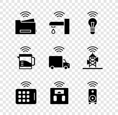 Set Smart printer, water tap, light bulb, Wireless tablet, bathroom scales Stock Illustration