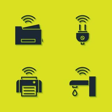 Set Smart printer, water tap, and electric plug icon. Vector Stockillustratie